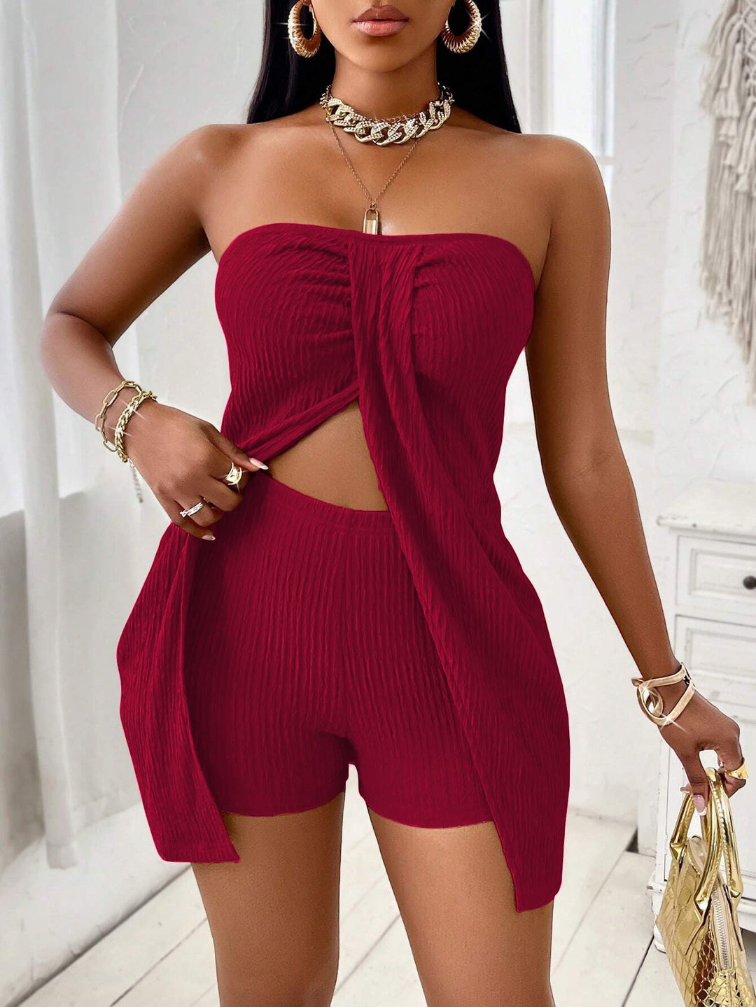 Solid color strapless top and shorts set