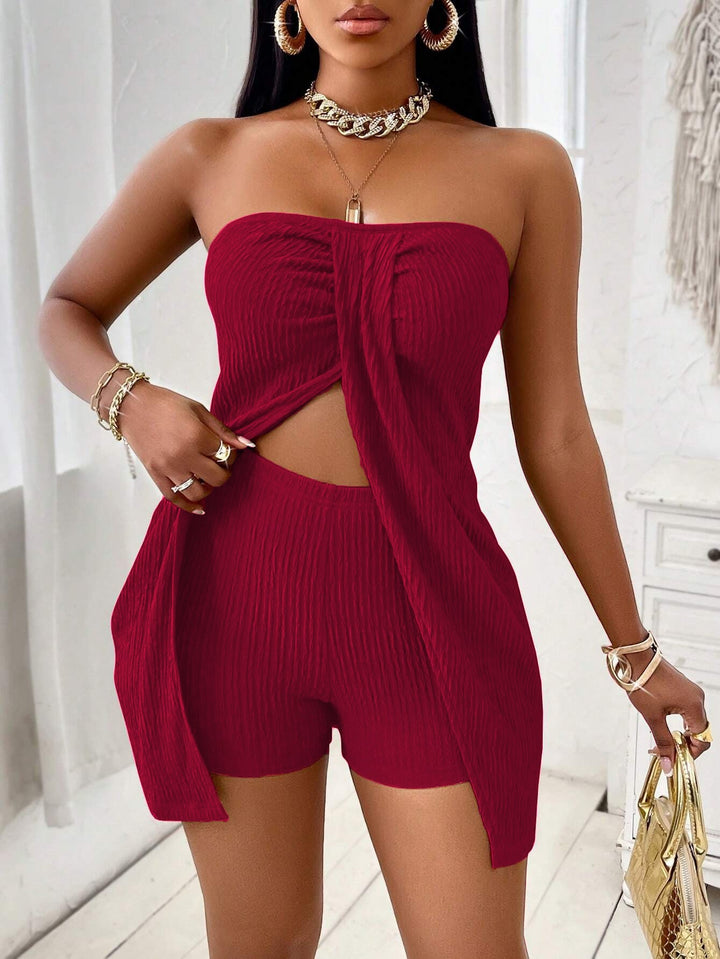 Solid color strapless top and shorts set