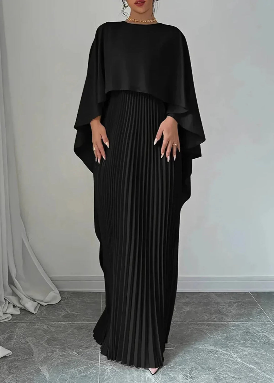Amelia | Women’s Pleated Cape Overlay Maxi Dress
