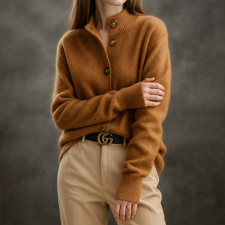 Button-Front Knit Cardigan for Women with High Collar