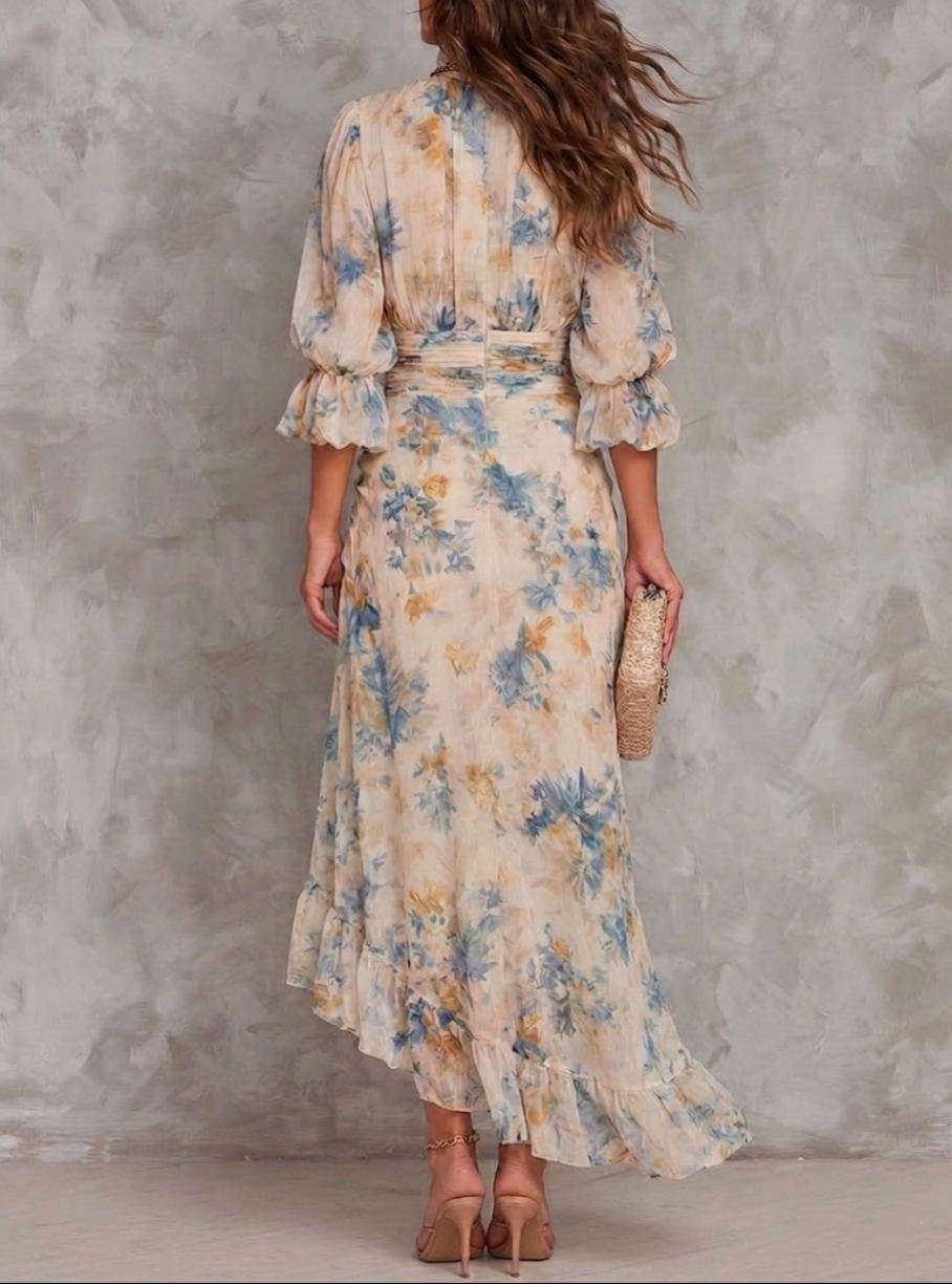 Beige Turtleneck Oil Painting Floral Print Irregular Chiffon Maxi Dress