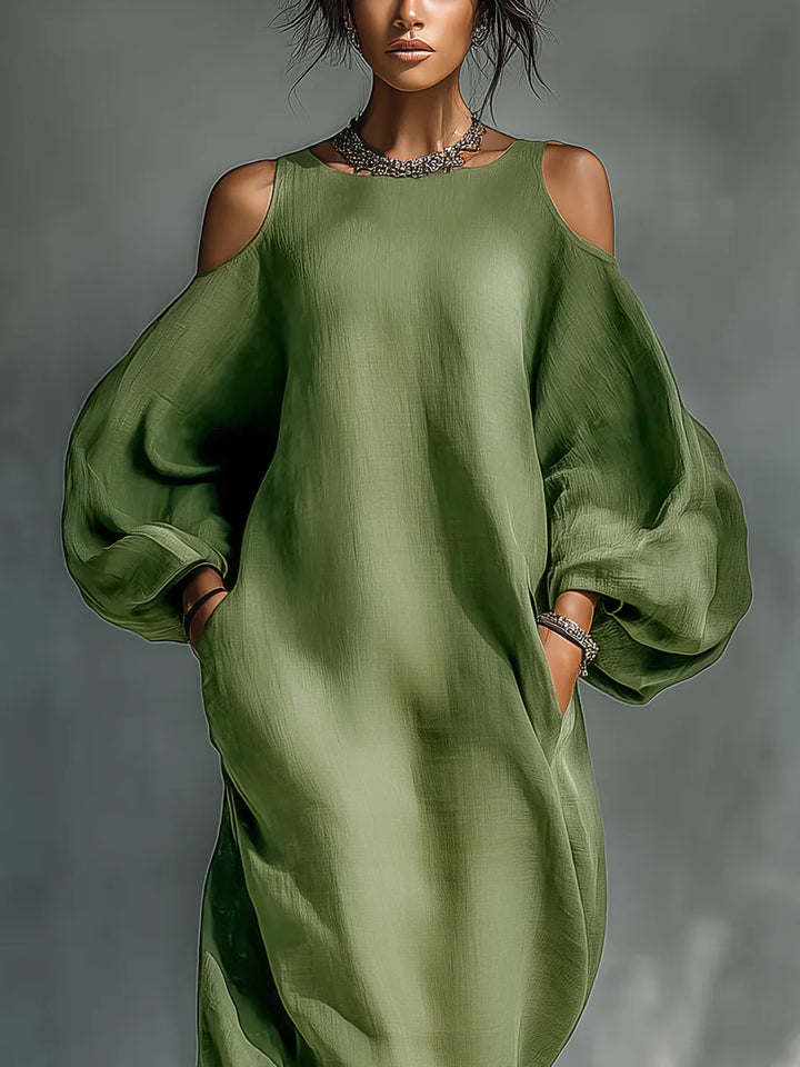 Green Chiffon Off Shoulder Short Sleeve Midi Dress